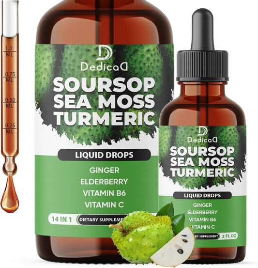 14-in-1 Soursop Liquid Drops with Sea Moss, Turmeric, Ginger, Elderberry - Immune Support - 2 fl oz