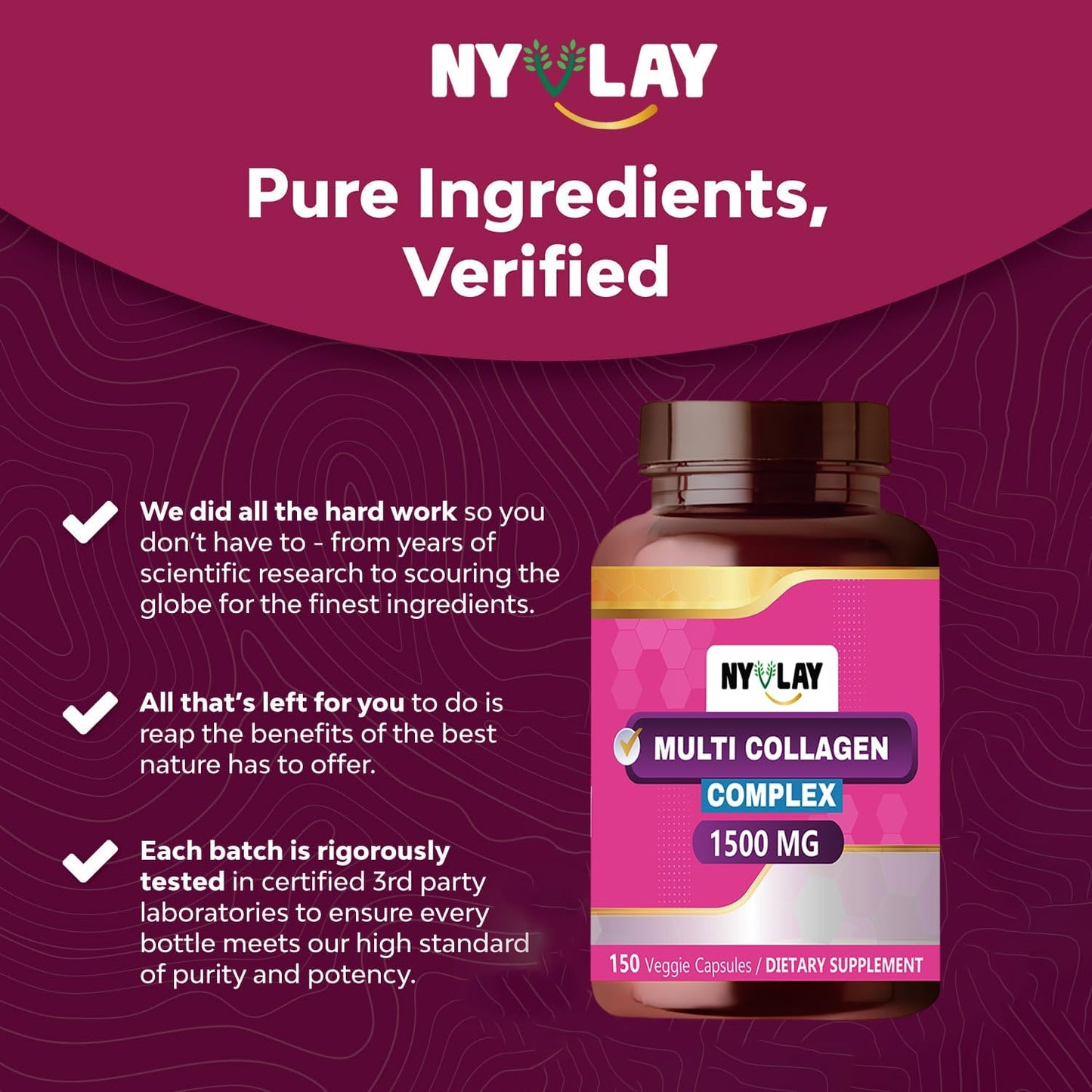 150 Capsules NYVLAY Multi Collagen Complex 1500 MG | Dietary Supplement for Strength & Energy | Natural Extra Strength Formula