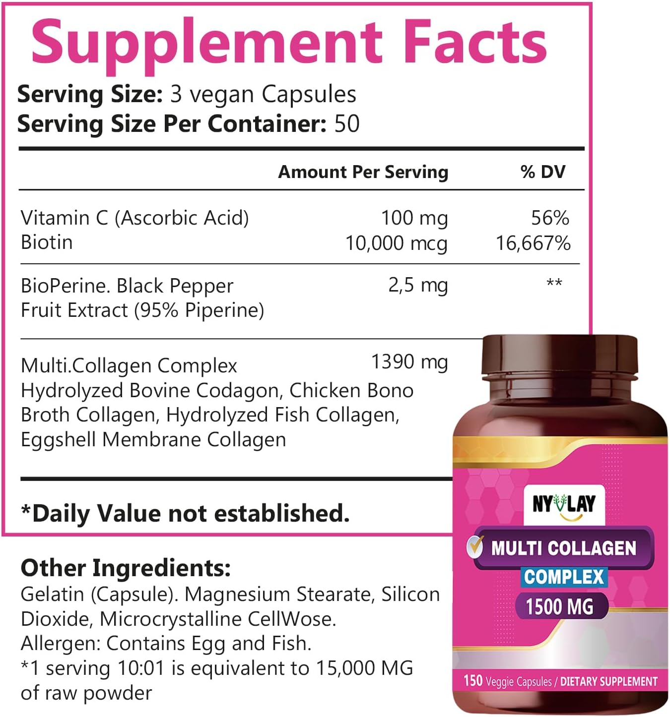 150 Capsules NYVLAY Multi Collagen Complex 1500 MG | Dietary Supplement for Strength & Energy | Natural Extra Strength Formula