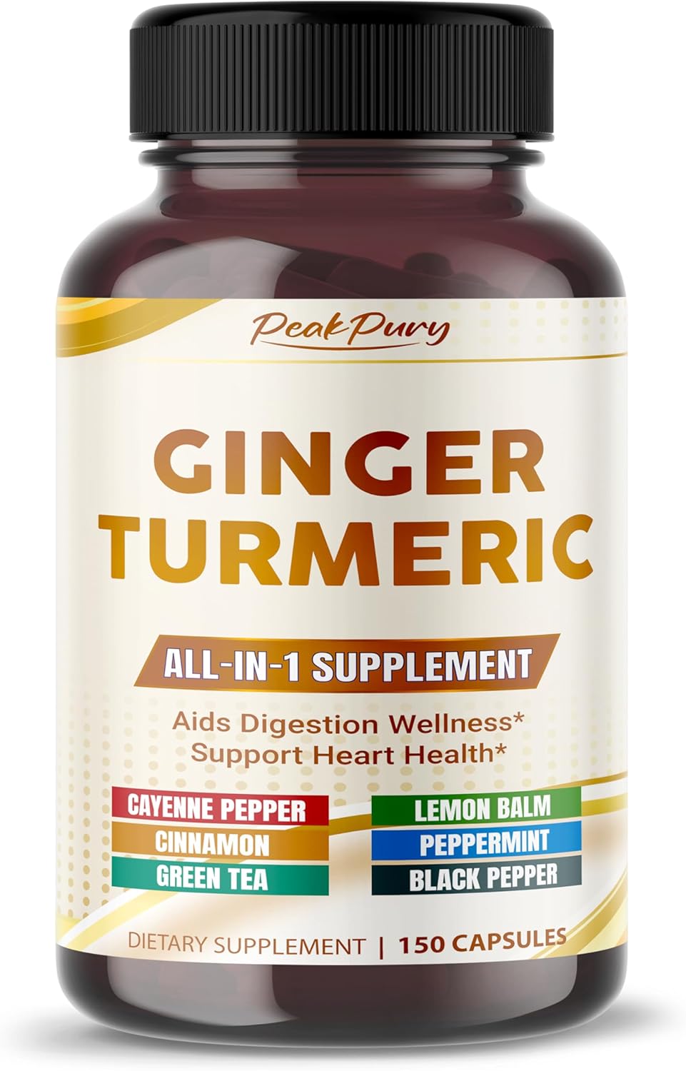 150 Capsules of PEAKPURY Ultra Ginger & Turmeric with Cayenne Pepper, Lemon Balm, Cinnamon, Peppermint, Green Tea - Supports Digestion & Heart Health - USA-Made