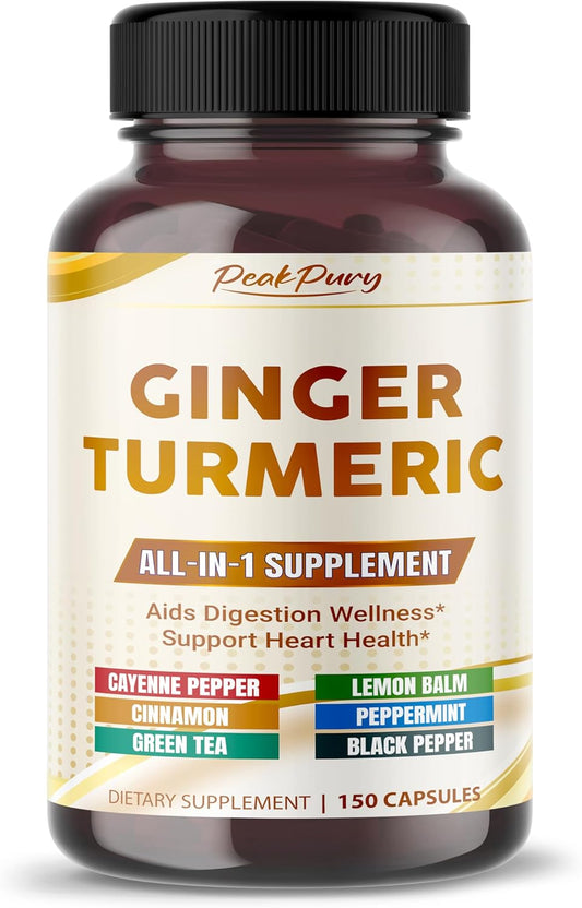 150 Capsules of PEAKPURY Ultra Ginger & Turmeric with Cayenne Pepper, Lemon Balm, Cinnamon, Peppermint, Green Tea - Supports Digestion & Heart Health - USA-Made