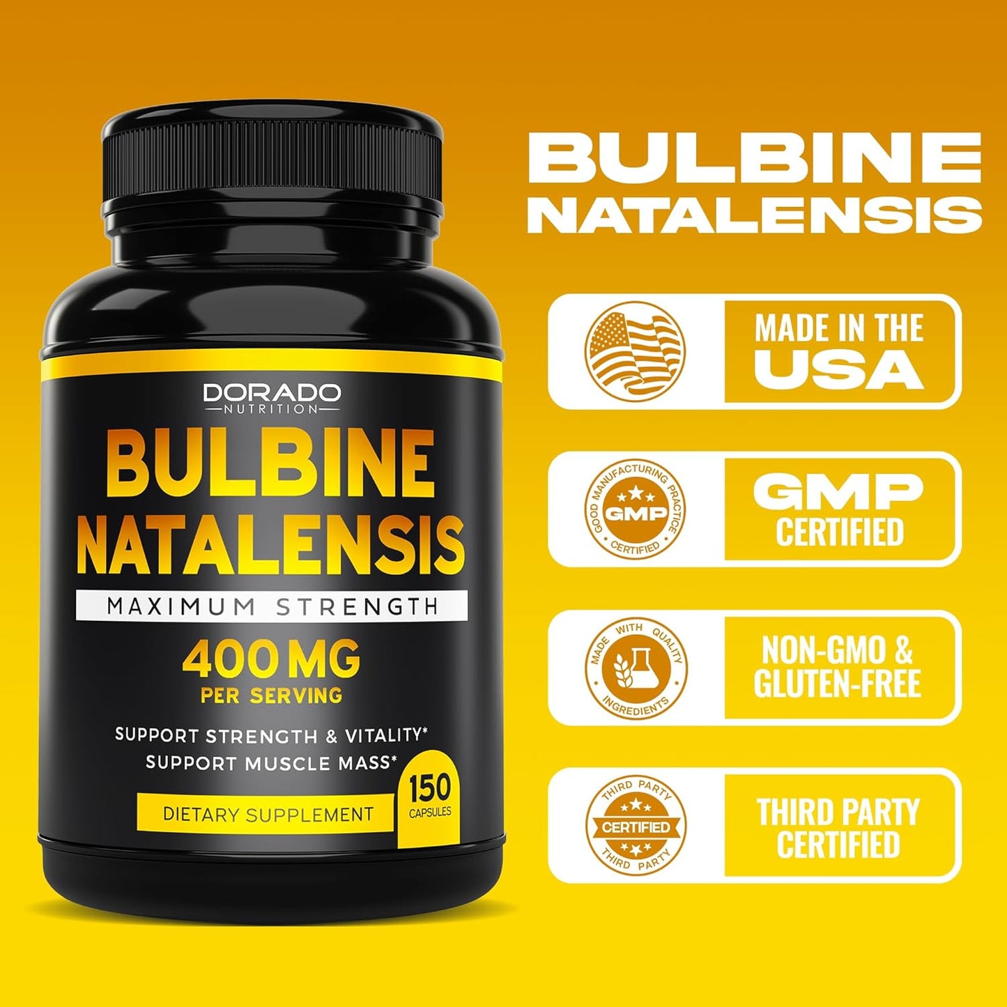 150 Count Bulbine Natalensis Extract Capsules - 400mg Per Serving - Ultra Concentrated Formula for Vitality, Strength, Muscle Mass - Gluten Free, Non-GMO - Made in USA - 3rd Party Tested