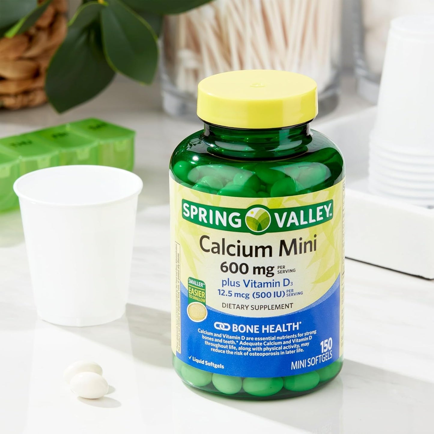 150 Mini Softgel Calcium Supplement with 600mg Calcium and Vitamin D3 for Bone Health and Support