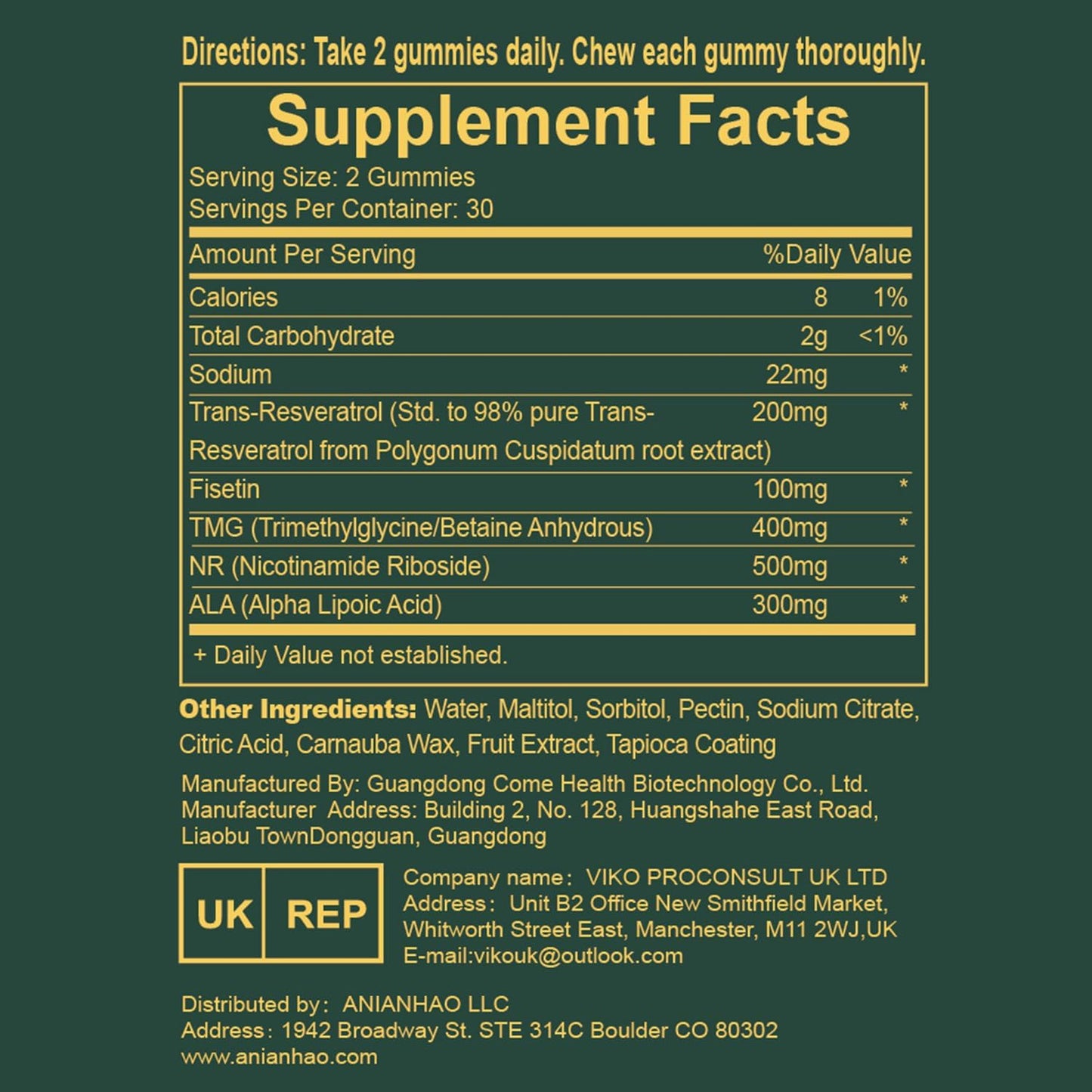 1500mg ANIANHAO NAD+ Sugar-Free Gummies - 60 Gummies, Anti-Aging & Antioxidant Support, Metabolism & Energy Boost - 2 Month Supply