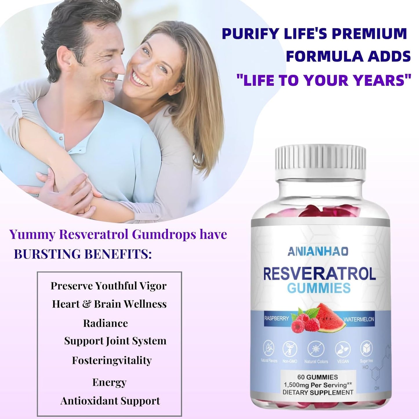 1500mg Sugar-Free Resveratrol Gummies for Digestive & Immune Support - Antioxidant Supplement for Cell Repair & Regeneration