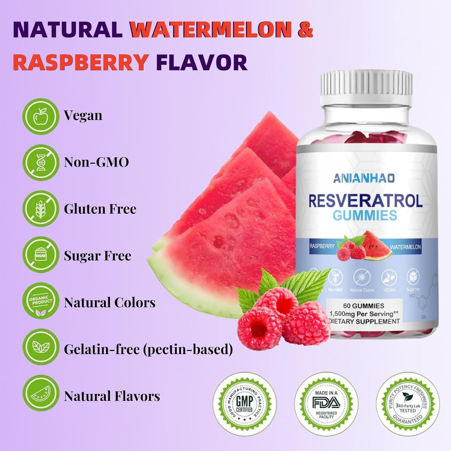 1500mg Sugar-Free Resveratrol Gummies for Digestive & Immune Support - Antioxidant Supplement for Cell Repair & Regeneration