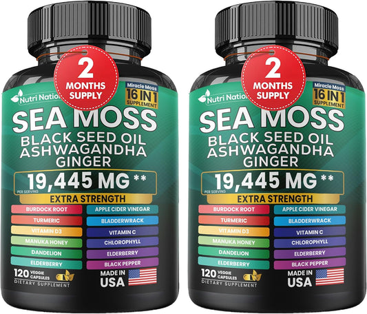 16-in-1 Nutrient-Rich Supplement with Sea Moss, Black Seed Oil, Ashwagandha, Turmeric, and More (120 Capsules)