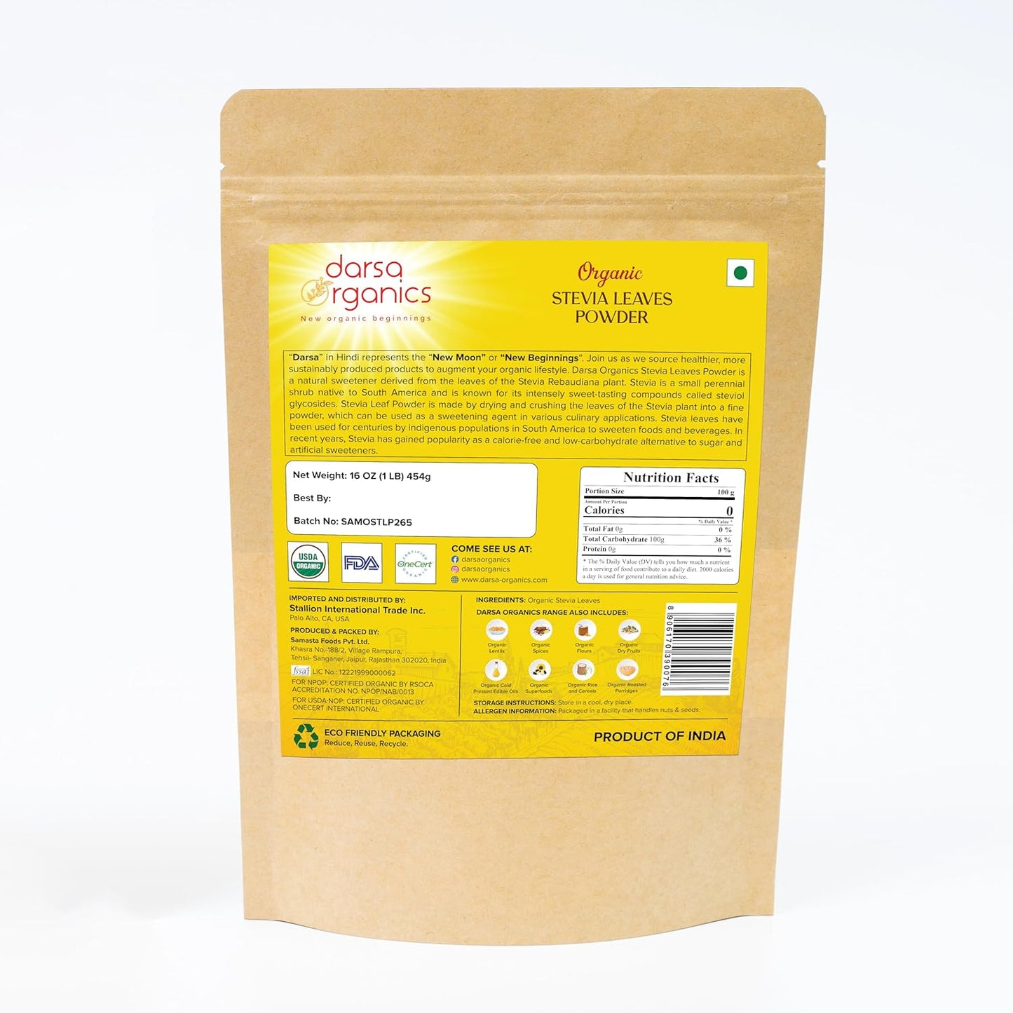 16 oz Darsa Organics USDA Organic Stevia Powder - Pure Natural Sweetener for Cooking & Baking, Zero Calorie Sugar Substitute from India