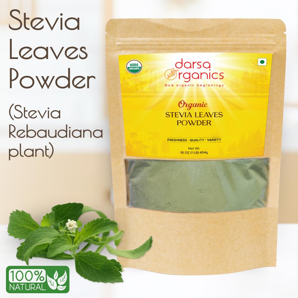 16 oz Darsa Organics USDA Organic Stevia Powder - Pure Natural Sweetener for Cooking & Baking, Zero Calorie Sugar Substitute from India