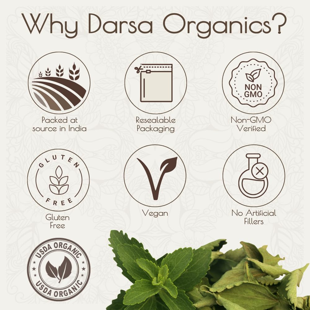 16 oz Darsa Organics USDA Organic Stevia Powder - Pure Natural Sweetener for Cooking & Baking, Zero Calorie Sugar Substitute from India