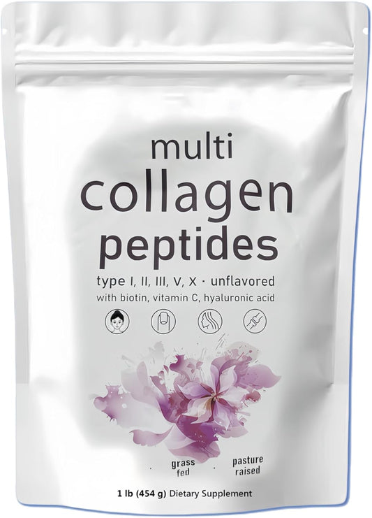 16 Oz Multi Collagen Peptides Powder - Hydrolyzed Protein with Hyaluronic Acid, Biotin, Vitamin C - Type I, II, III, V, X - Unflavored - Keto & Paleo Friendly