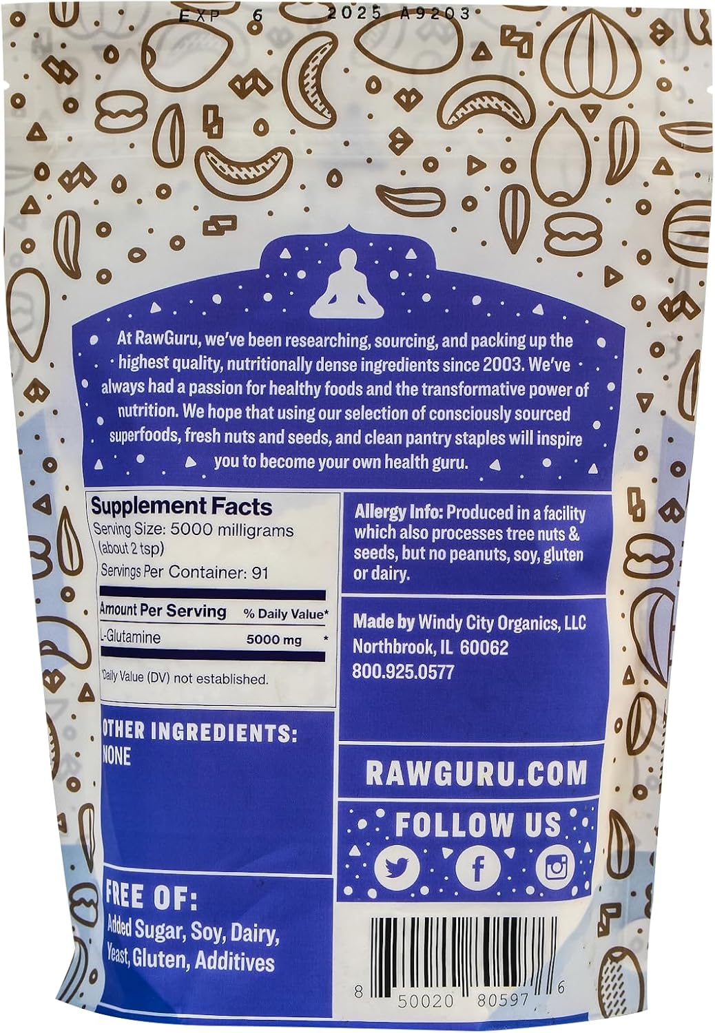 16 oz RawGuru L-Glutamine: Purified, Gluten-Free, Non-GMO, Vegan - Enhance Protein Synthesis & Prevent Muscle Breakdown