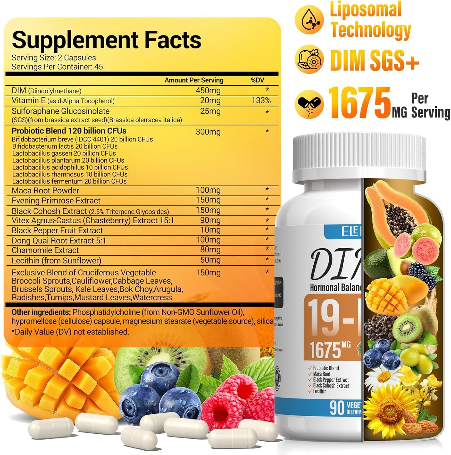 1675mg DIM Supplement for Estrogen Balance in Women & Men - Hormonal Acne & Menopause Support - Antioxidant - 90 Veggie Capsules