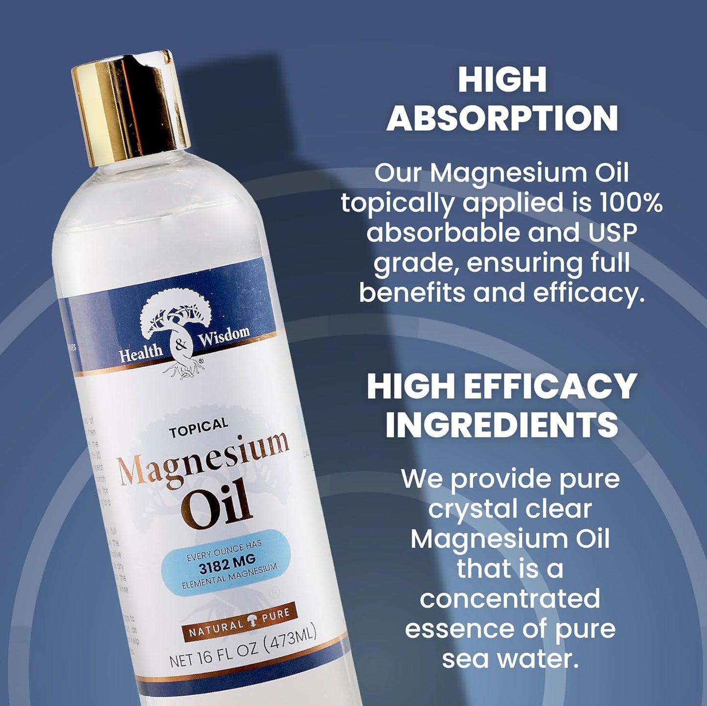 16oz Health and Wisdom Pure Magnesium Oil for Feet, Bath, and Massage - Transdermal Magnesium Chloride Soak