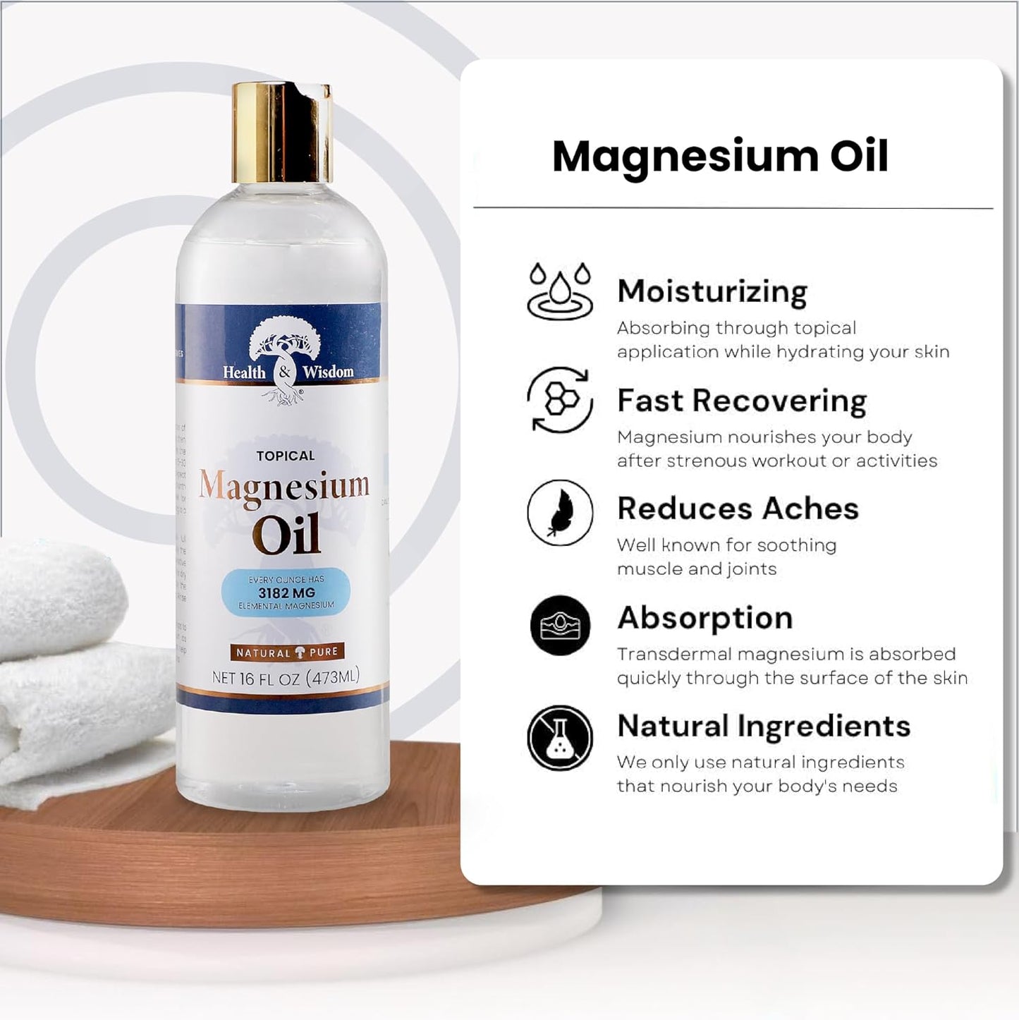 16oz Health and Wisdom Pure Magnesium Oil for Feet, Bath, and Massage - Transdermal Magnesium Chloride Soak