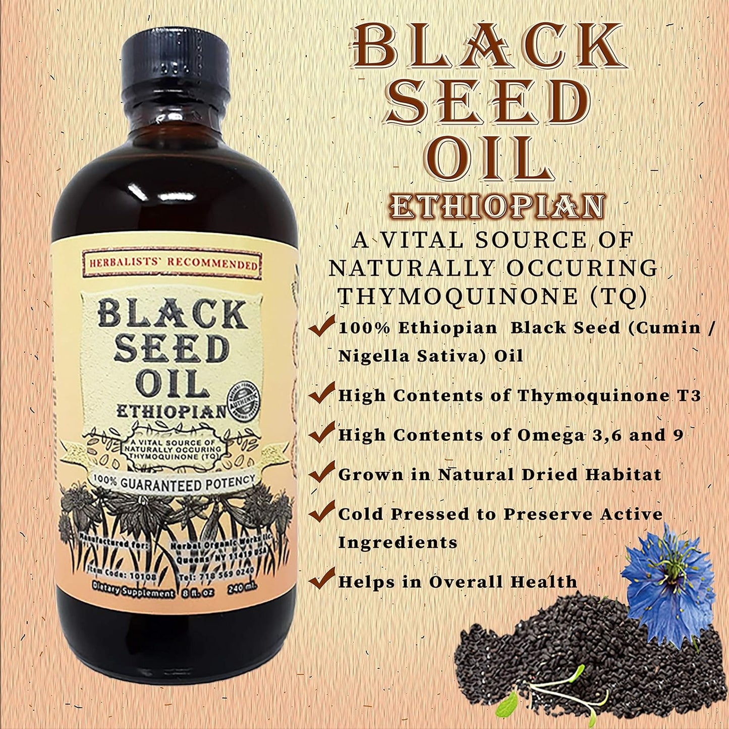 16oz Herbal Organic Works Black Seed Oil - 3x Thymoquinone, Cold Pressed Ethiopian Cumin Seed Oil - 100% Natural Nigella Sativa Glass Bottle