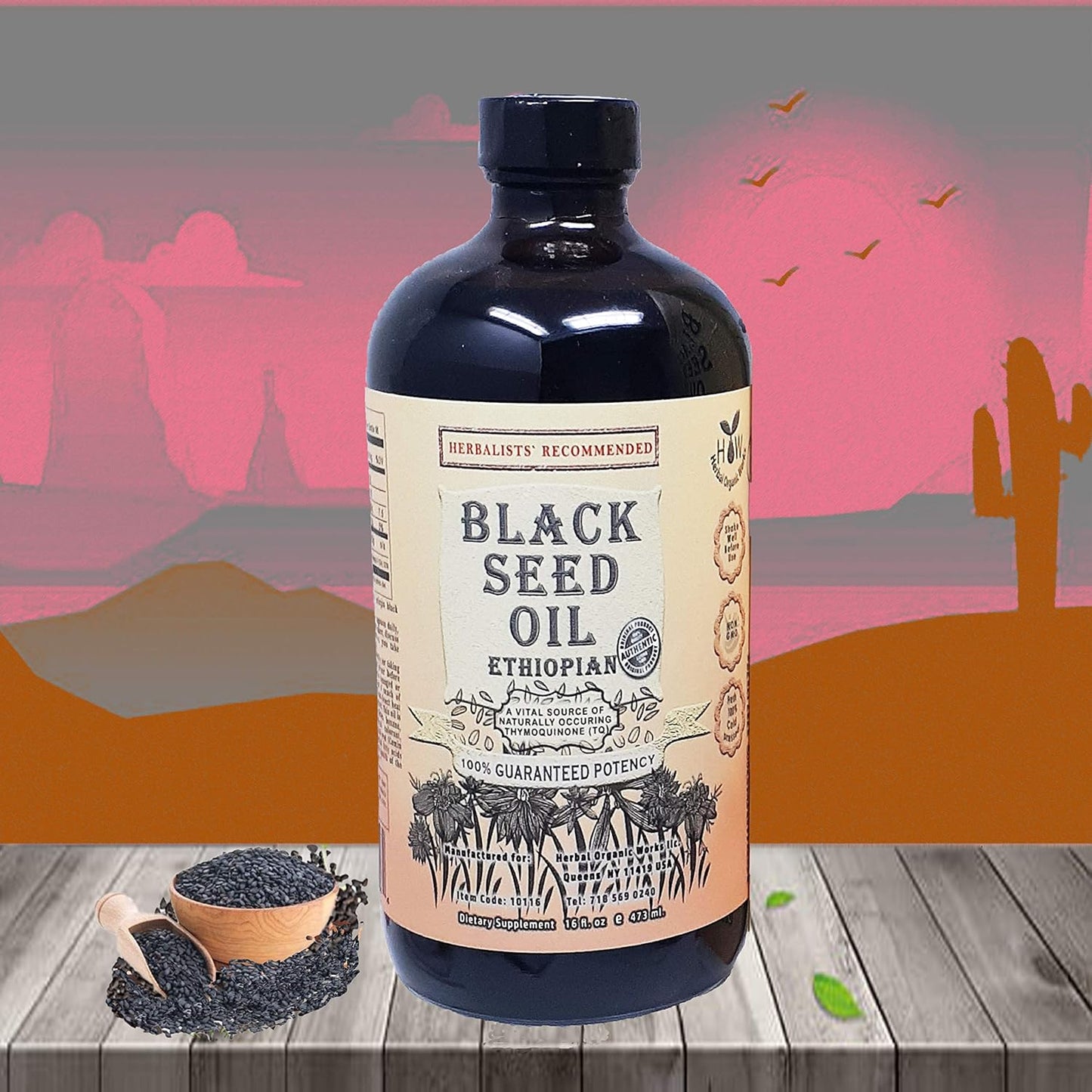 16oz Herbal Organic Works Black Seed Oil - 3x Thymoquinone, Cold Pressed Ethiopian Cumin Seed Oil - 100% Natural Nigella Sativa Glass Bottle