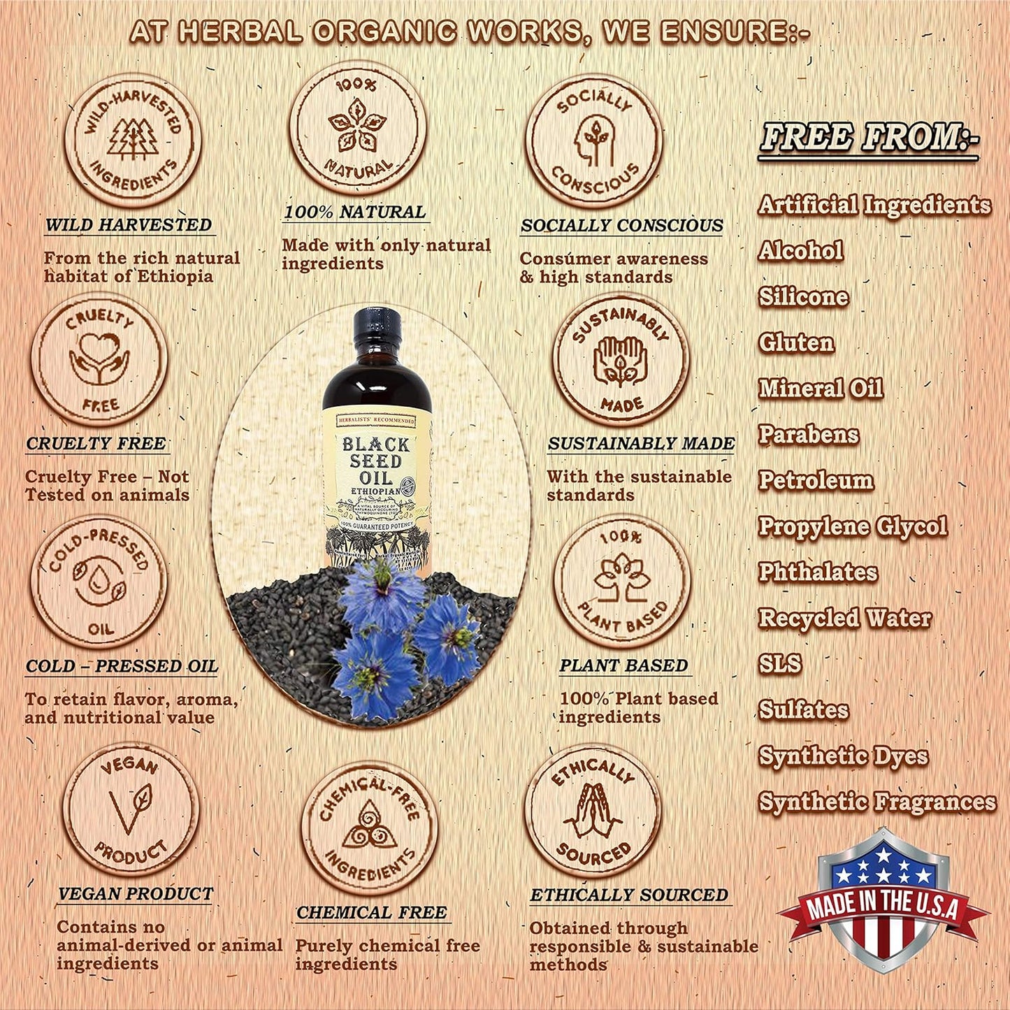 16oz Herbal Organic Works Black Seed Oil - 3x Thymoquinone, Cold Pressed Ethiopian Cumin Seed Oil - 100% Natural Nigella Sativa Glass Bottle