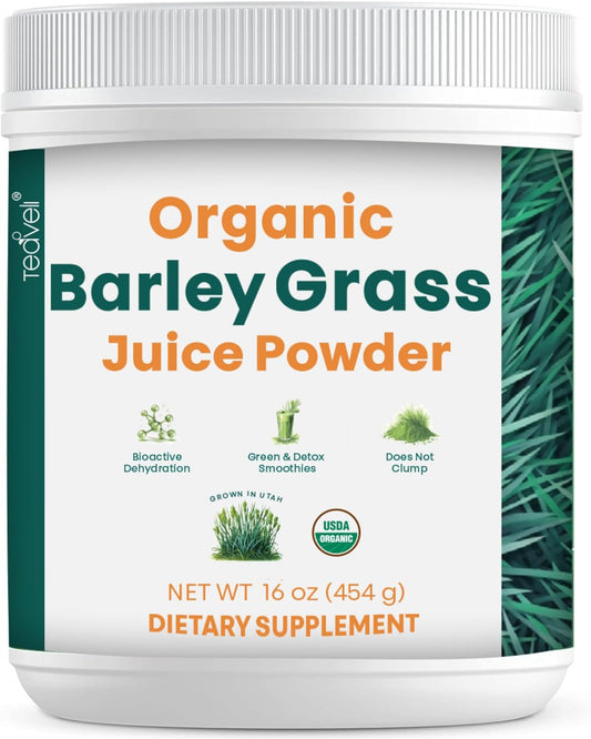 16oz Teaveli Organic Barley Grass Juice Powder - Grown and Harvested in Utah Soil - 454g