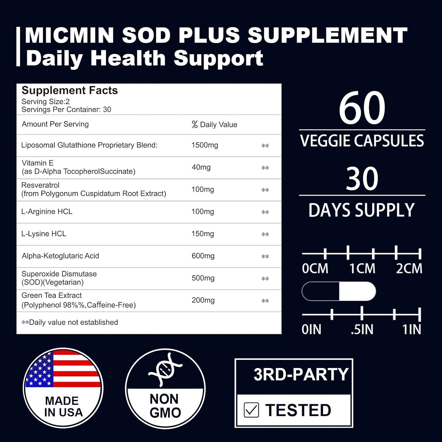 180 Capsules NICMIN Superoxide Dismutase Supplement with Liposomal Glutathione, AKG, Green Tea Extract, L-Arginine, Lysine, Resveratrol, Vitamin E - Immune Support & Antioxidant Boost