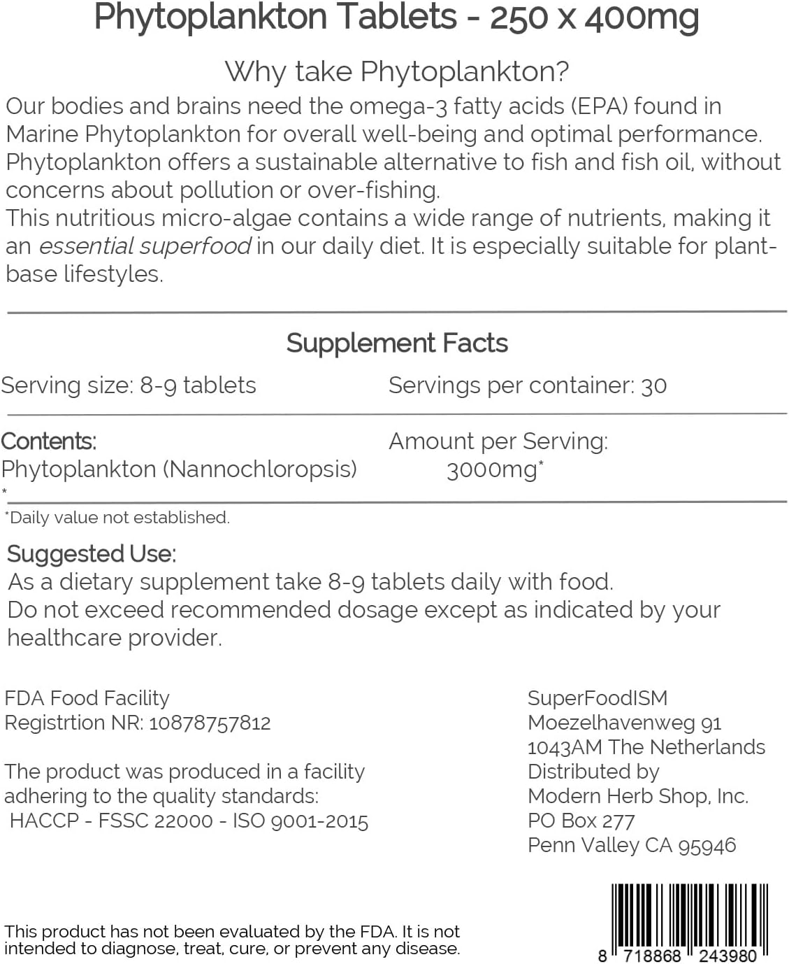 180 Capsules of SuperFoodISM Marine Phytoplankton Supplement - Omega-3 Rich Superfood with Essential Nutrients for a 30 Day Supply