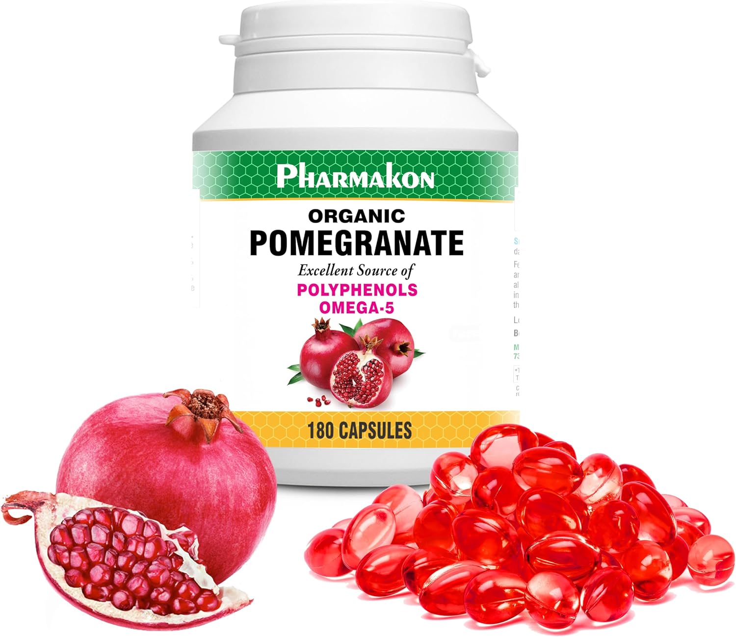 180 Count PHARMAKON Organic Pomegranate Extract Softgels with High Bioavailability, Full Spectrum Polyphenols and Omega 5