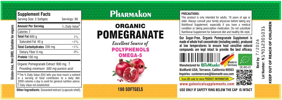 180 Count PHARMAKON Organic Pomegranate Extract Softgels with High Bioavailability, Full Spectrum Polyphenols and Omega 5