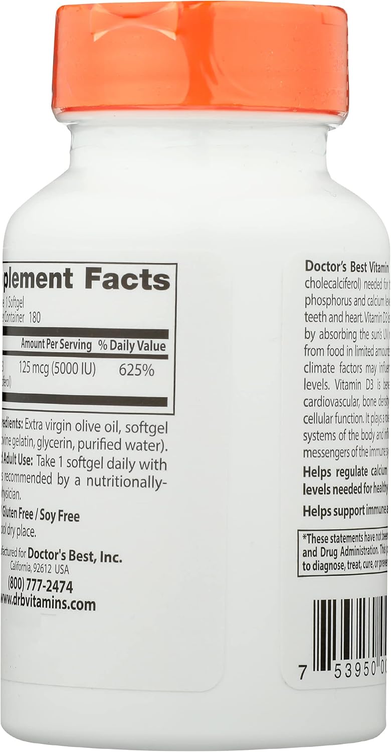 180 Non-GMO Doctor's Best Vitamin D3 5000IU Softgels