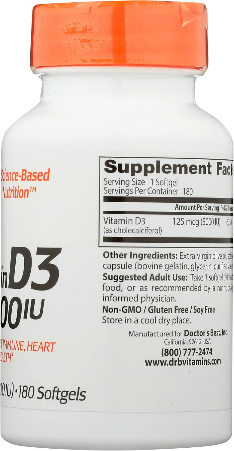 180 Non-GMO Doctor's Best Vitamin D3 5000IU Softgels