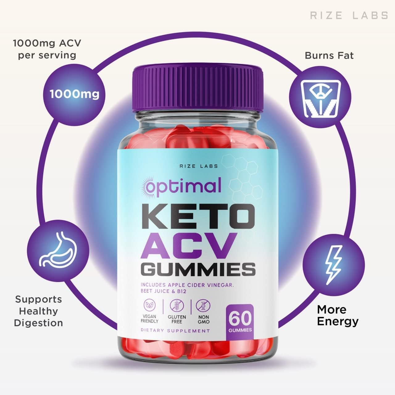 180 Optimal Keto ACV Gummies for Slimming Formula with Apple Cider Vinegar - Gluten Free & Non-GMO Supplement - Reduce Belly Fat - Advanced Formula by Rize Labs
