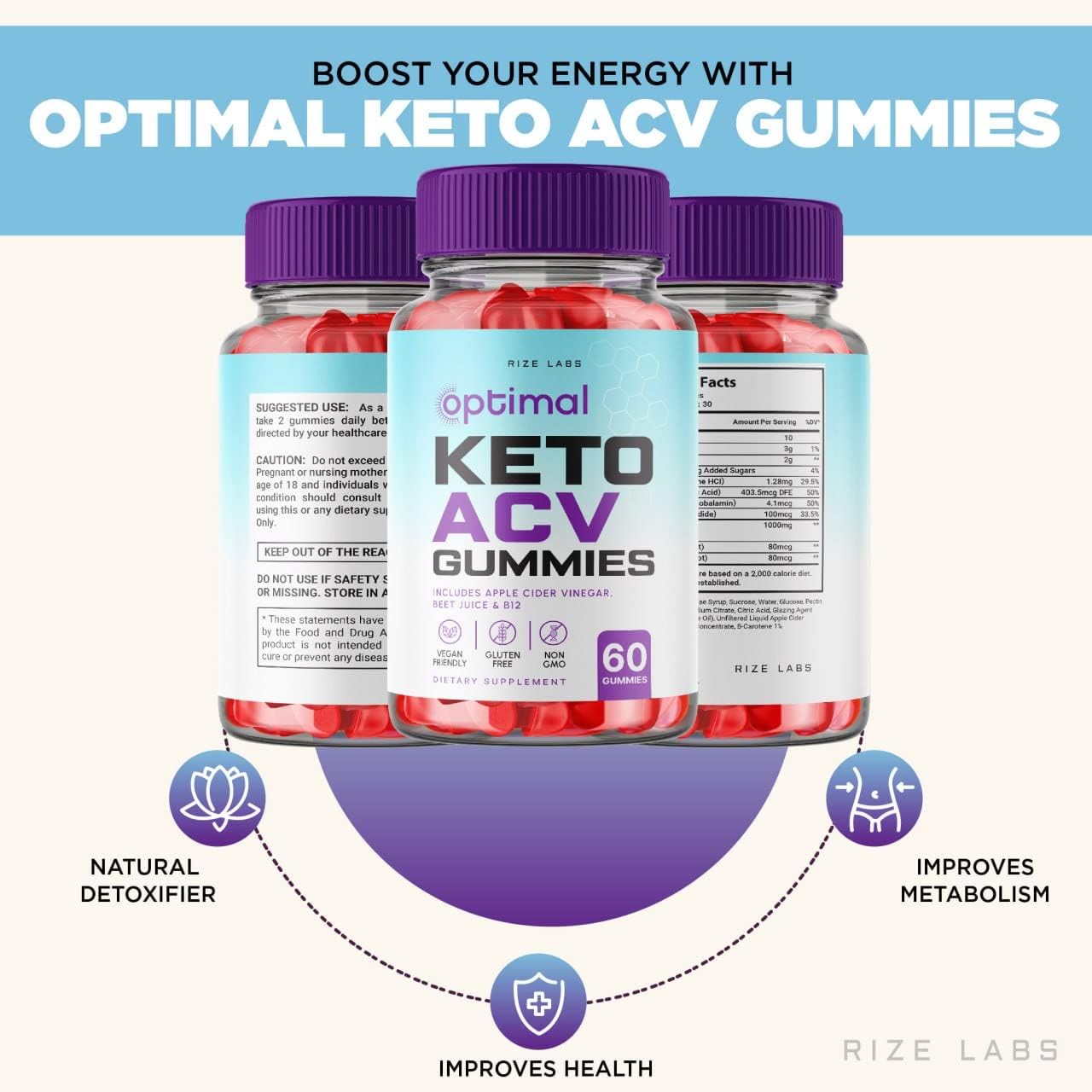 180 Optimal Keto ACV Gummies for Slimming Formula with Apple Cider Vinegar - Gluten Free & Non-GMO Supplement - Reduce Belly Fat - Advanced Formula by Rize Labs
