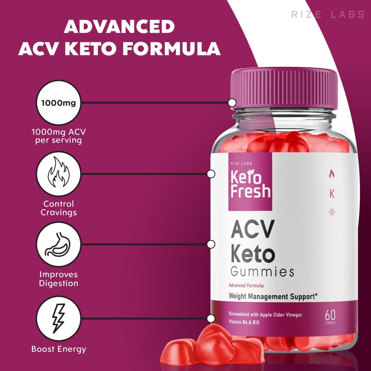 180 Rize Labs Keto Fresh ACV Gummies for Advanced Slimming Formula , Energy Boost, Better Sleep, Anti-Fatigue