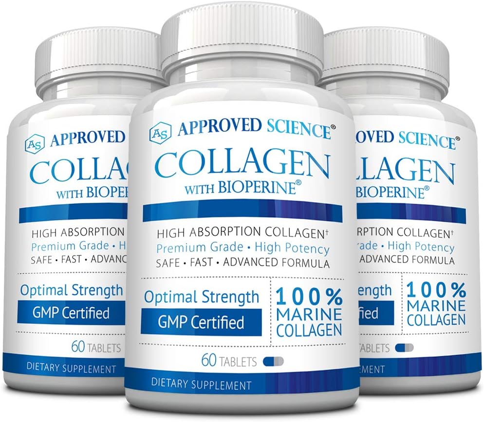 180 Tablets Approved Science Collagen Pills with Marine Collagen Types I and III for Healthy Hair and Skin - Enhanced with Vitamin C, Sodium, and Bioperine - Non-GMO, Made in USA