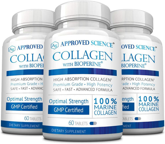 180 Tablets Approved Science Collagen Pills with Marine Collagen Types I and III for Healthy Hair and Skin - Enhanced with Vitamin C, Sodium, and Bioperine - Non-GMO, Made in USA