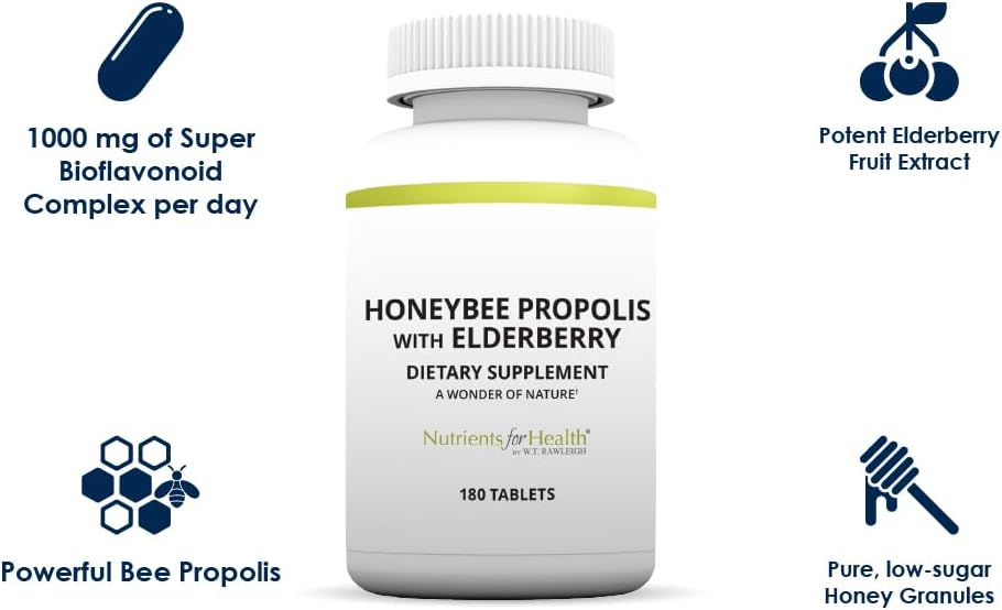 180 Tablets Rawleigh Honeybee Propolis with Elderberry: Vegetarian Immune Health Supplement