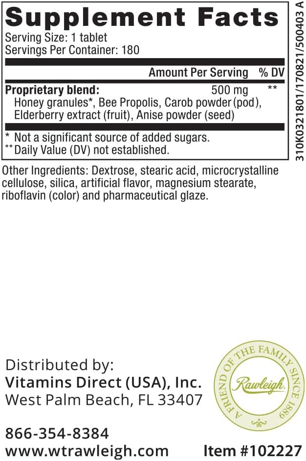 180 Tablets Rawleigh Honeybee Propolis with Elderberry: Vegetarian Immune Health Supplement