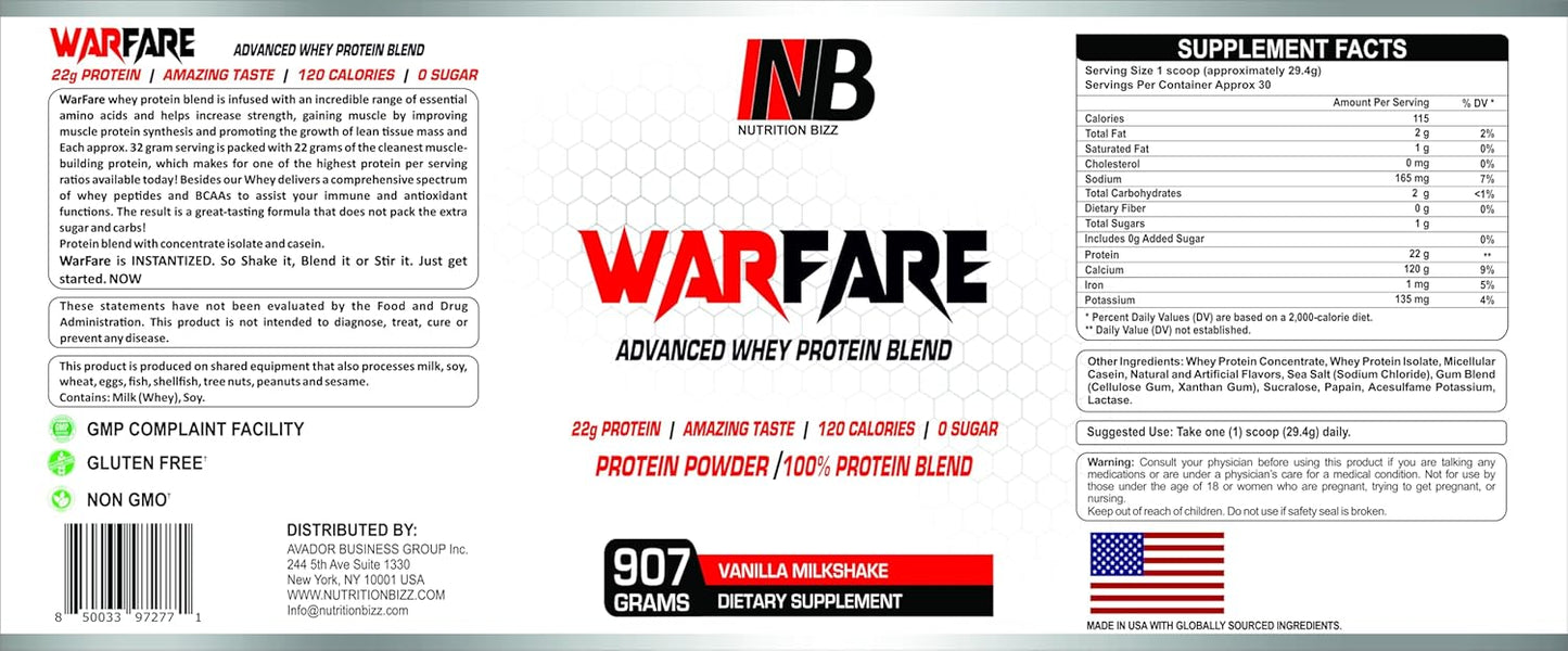 2 lbs Vanilla Milkshake Whey Protein Blend with 22g Protein - NutritionBizz Warfare