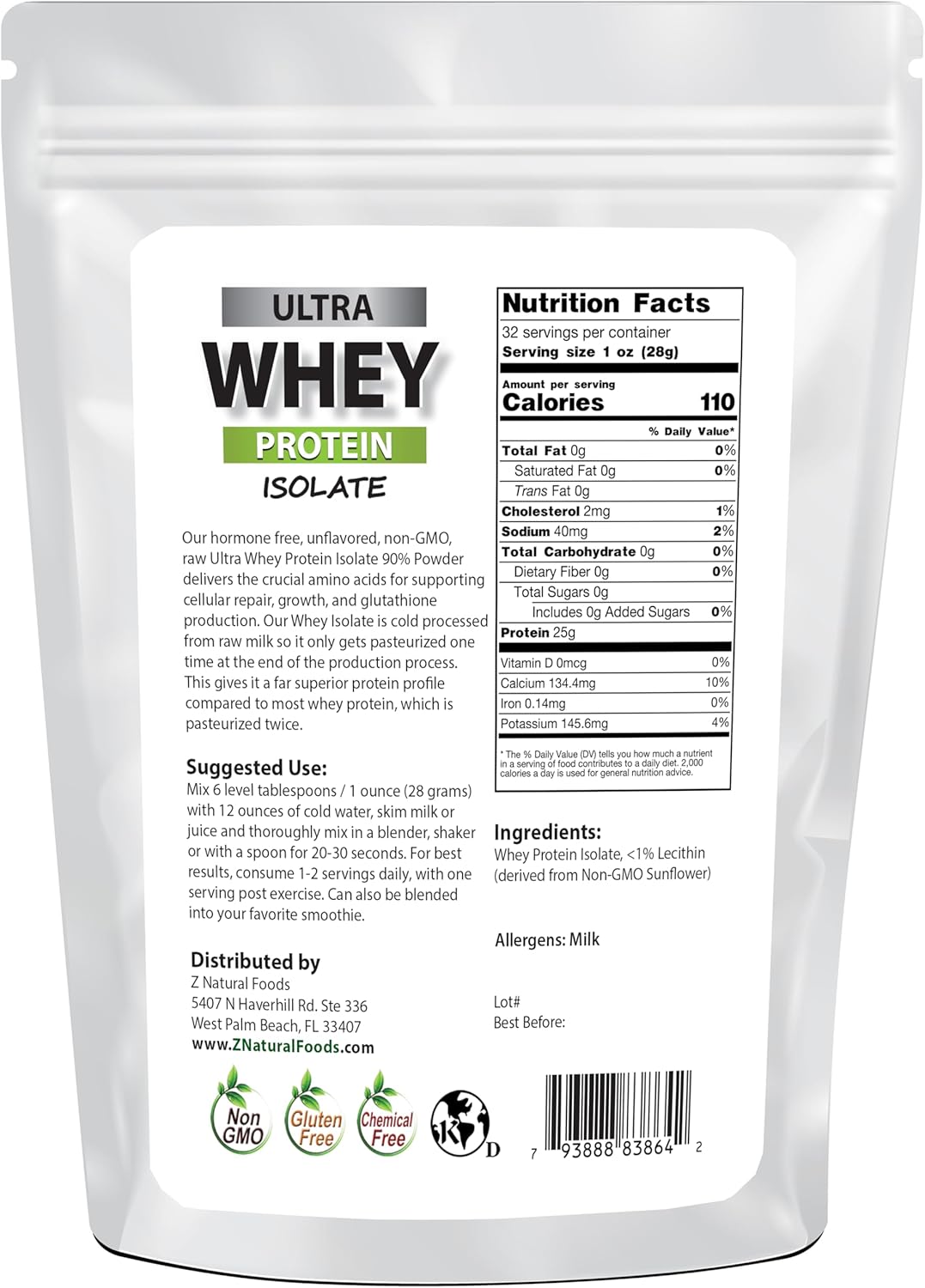 2 lbs Z Natural Foods Ultra Whey Protein Isolate Powder - Pure, Unflavored, Unsweetened for Fitness and Immune Support