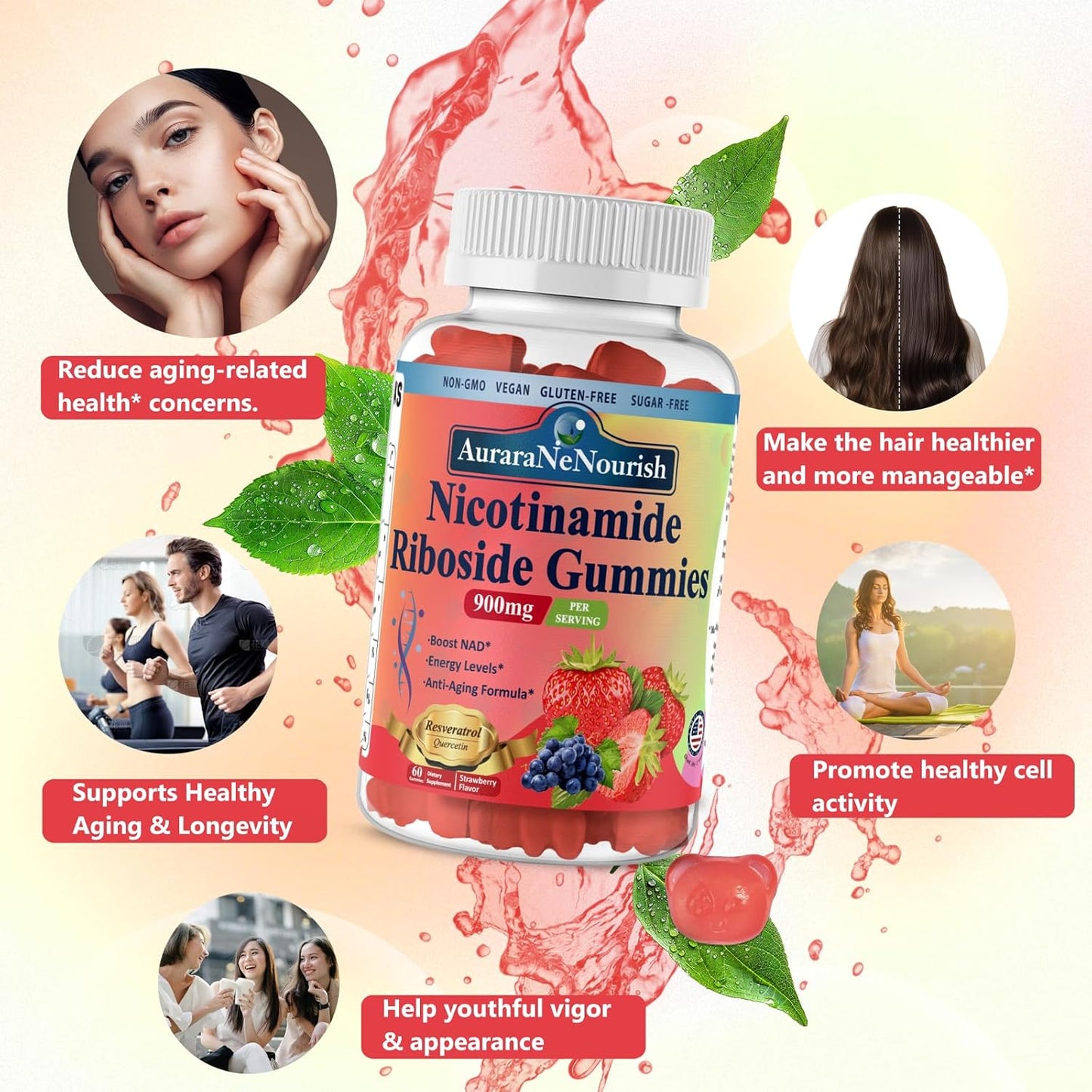 2 Pack AuraraNeNourish NAD Resveratrol Gummies with Quercetin, Collagen, Vitamin Support - Anti Aging, Energy Boost, Skin Improvement - Sugar Free Nicotinamide Riboside 900mg Supplement