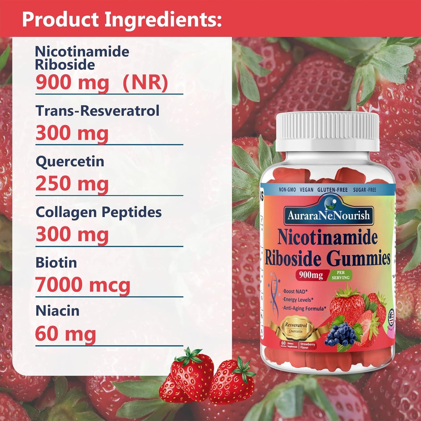 2 Pack AuraraNeNourish NAD Resveratrol Gummies with Quercetin, Collagen, Vitamin Support - Anti Aging, Energy Boost, Skin Improvement - Sugar Free Nicotinamide Riboside 900mg Supplement