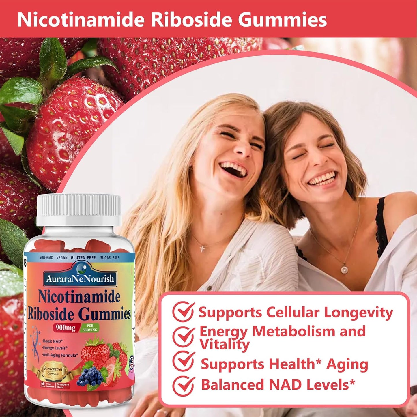 2 Pack AuraraNeNourish NAD Resveratrol Gummies with Quercetin, Collagen, Vitamin Support - Anti Aging, Energy Boost, Skin Improvement - Sugar Free Nicotinamide Riboside 900mg Supplement