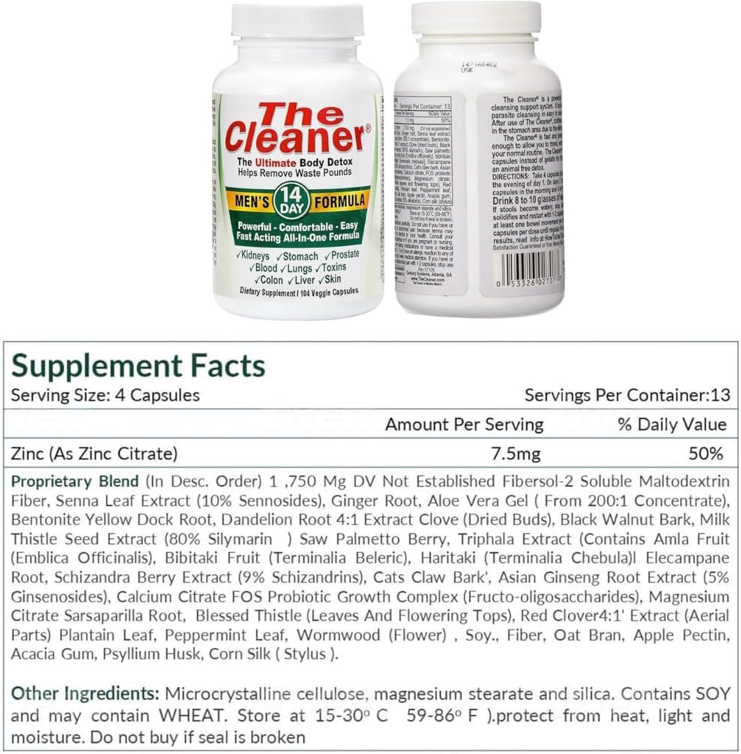 2 Pack CenturySystemsBrand The Cleaner Detox, 104 Vegetarian Capsules, 14-Day Internal Cleansing Formula for Men, Digestive Health Support