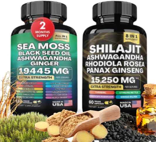 2-Pack Ember & Grace Wellness Sea Moss & Shilajit Capsules with Black Seed Oil, Ashwagandha - Energy, Immunity & Balance Formula - 180 Caps