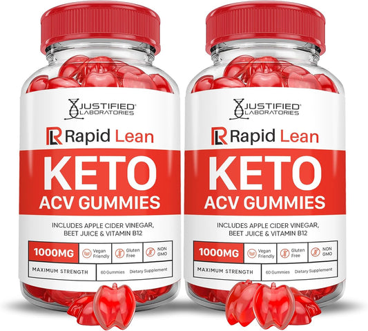 2-Pack Justified Laboratories Rapid Lean Keto ACV Gummies 1000MG - Apple Cider Vinegar with Pomegranate Beet Juice Powder - B12 Vegan Non GMO - 120 Gummies