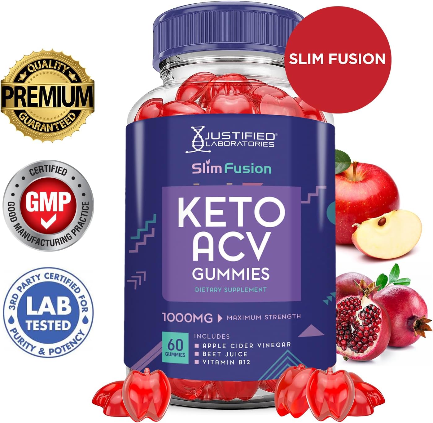 2 Pack Justified Laboratories Slim Fusion Keto ACV Gummies - 1000MG Formula with Pomegranate Beet Juice Powder - B12 Vegan Non GMO (120 Gummies)