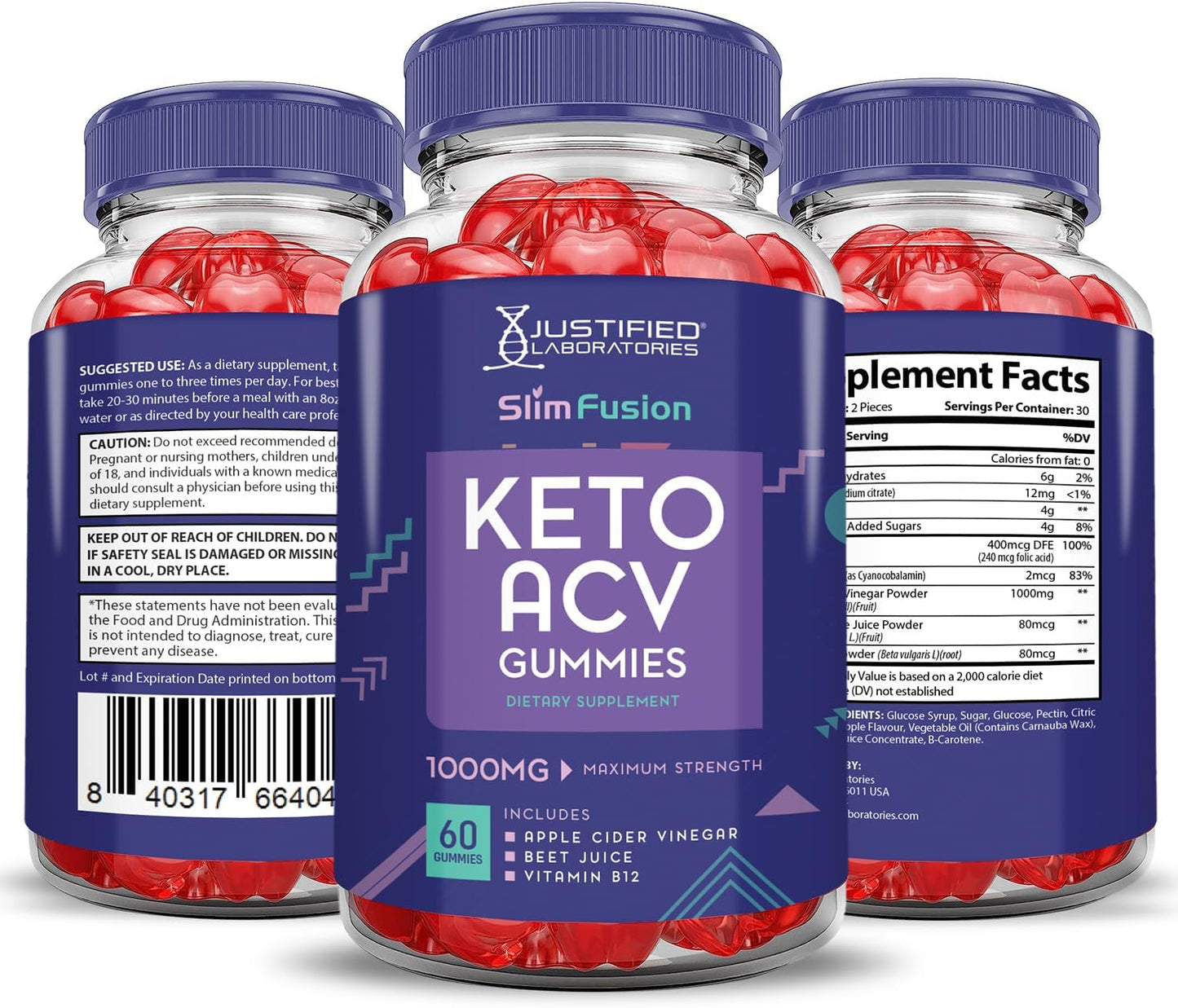 2 Pack Justified Laboratories Slim Fusion Keto ACV Gummies - 1000MG Formula with Pomegranate Beet Juice Powder - B12 Vegan Non GMO (120 Gummies)