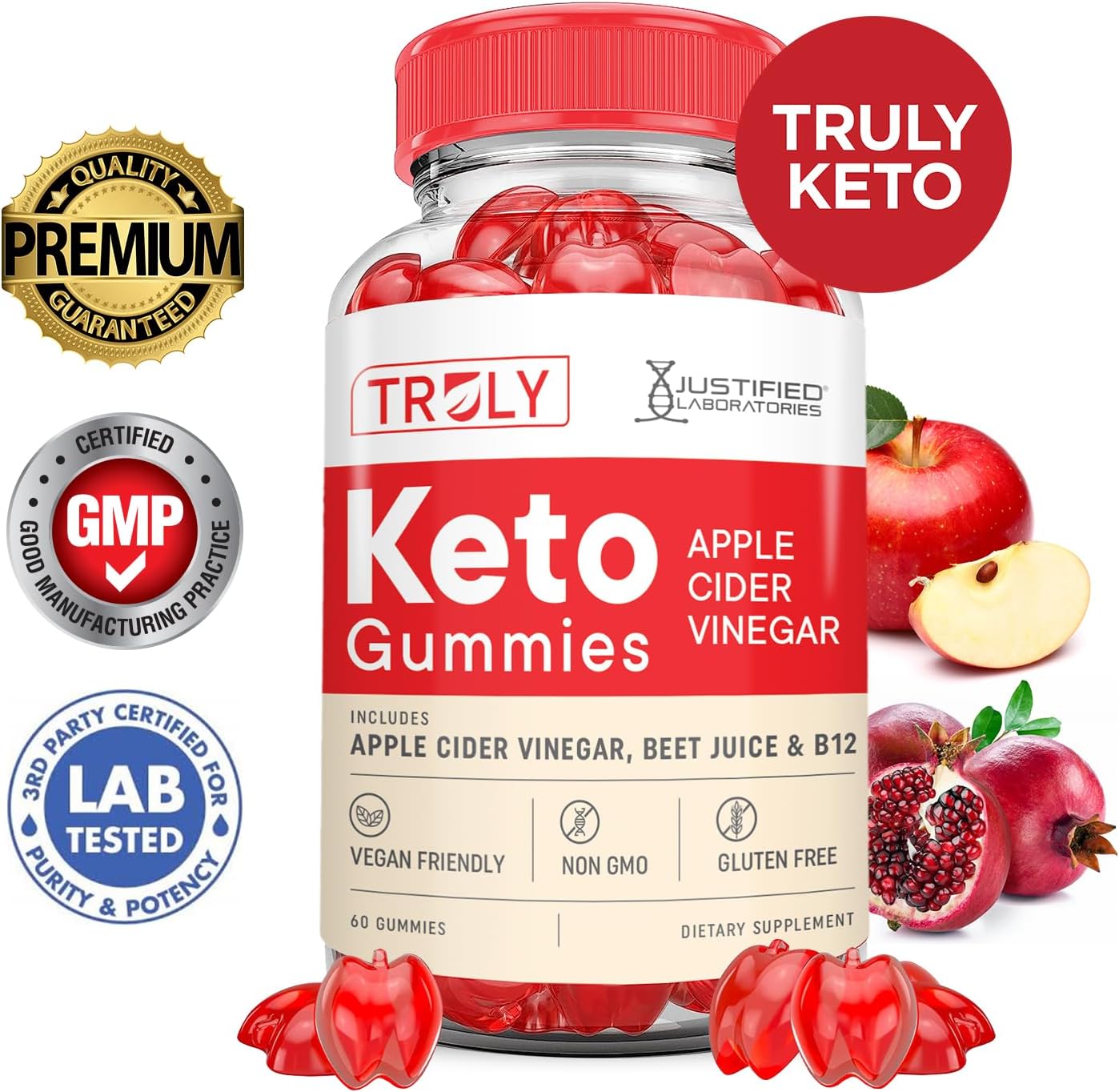 2-Pack Justified Laboratories Truly Keto ACV Gummies - 1000MG Advanced Formula with Pomegranate Beet Juice Powder - B12 Vegan Non-GMO - 120 Gummys