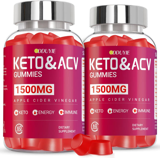 2 Pack Keto ACV Gummies 1500mg with B12 & B6 - Apple Cider Vinegar Supplements for Cravings Support - Non-GMO, Gluten-Free - 120 Count