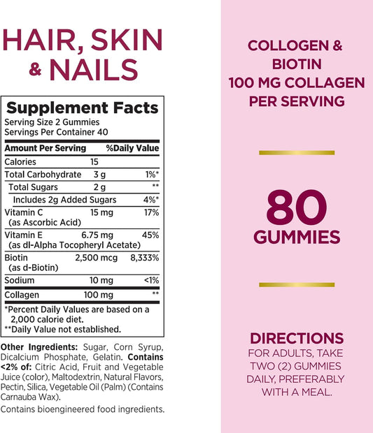 2 Pack Nature's Bounty Hair Skin Nails Gummies with Biotin & Collagen, Citrus Flavor - 80 Ct Each - 5000 mcg - Vitamin Supplement