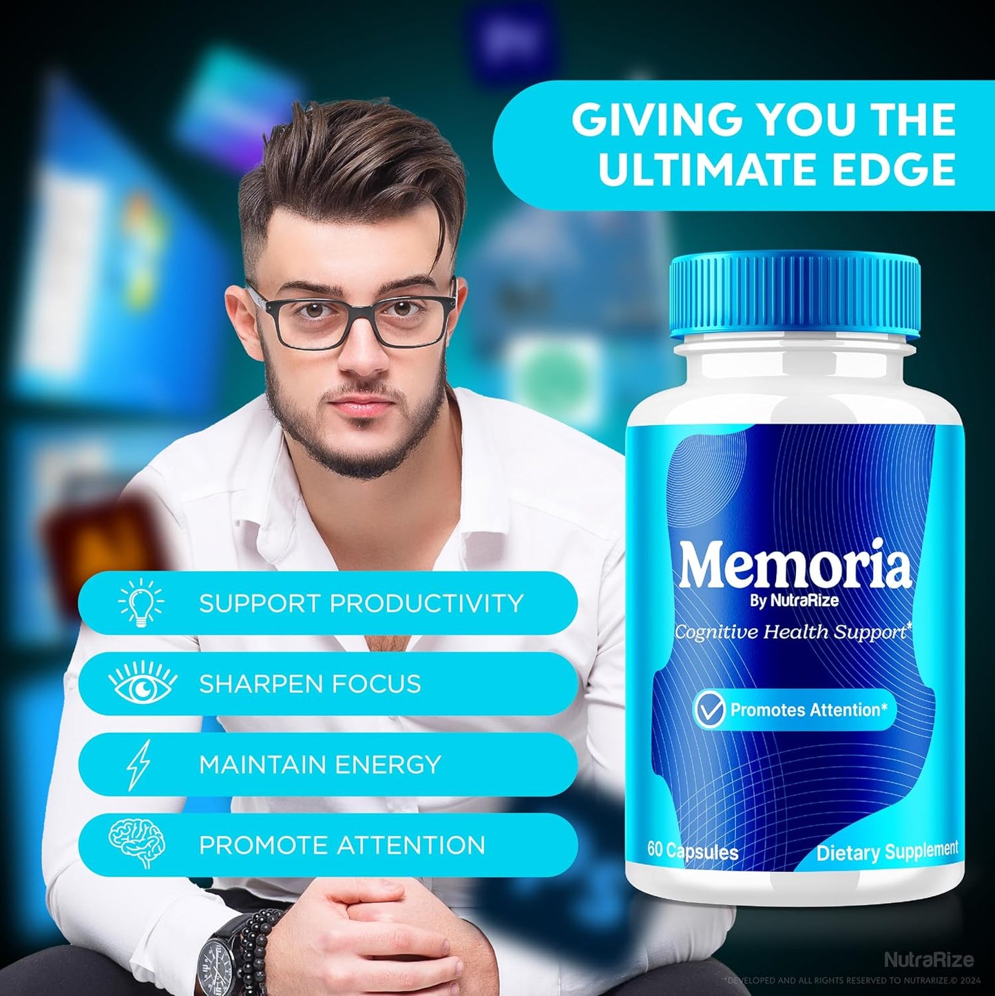 2-Pack NutraRize Memoria Capsules - Premium All Natural Supplement for Cognitive Health & Focus - Official Formula for Memory Boost - 120 Capsules